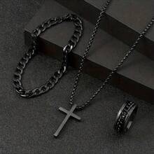 3pcs/Men Black 3Pcs Cross Jewelry Set Cross Necklace Curb Bracelet Chain Pattern Ring Punk Religious Matching Kit For Daily Street Wear - Style 1 - View 2