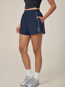 TimeOff Women's 1pc Colorblock White Stripe Side Pocket Elastic Drawstring Waist Sports Shorts - Blue - View 5