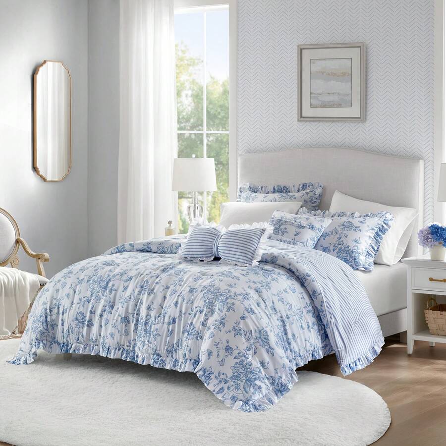 Madison Park 4/5 Pieces Adele Fluffy Summer Vacation Comforter Set – Vintage Bed In A Bag With Decor Pillows, Reversible Ruffle Bedding, Cozy Home Textile, Back-To-School Dorm Essentials, Elegant Christmas Thanks Giving Gifts - Blue - View 1