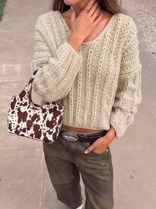 Women's Casual Autumn/Winter Solid Color V-Neck Drop Shoulder Long Sleeve Knit Sweater Top - Apricot - View 4
