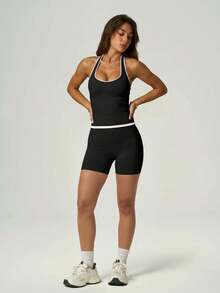 UONNOU Women's Halter Neck Backless White Trim Top & High Waist Peach Butt Seamless Shorts, Super Soft Skin-Friendly Slim Fit Fitness 2 Pieces Set - Black - View 5