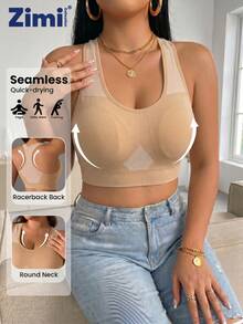 Plus Size Medium Support Seamless Sports Bra For Women, Breathable Mesh Racerback Wireless Sports Bra, 1XL-5XL, Suitable For Fitness And Daily Wear - Apricot - View 2