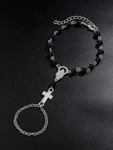 1pc Gothic Metal Chain Cross & Beaded Knuckle Bracelet, Religious Jewelry For Daily Wear, Gatherings And Parties - Style 1 - View 3