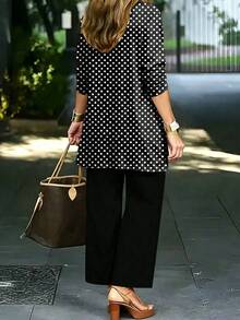 Plus Size Women's Fashion Polka Dot Print Elegant 3 Pieces Set Black - Black - View 2