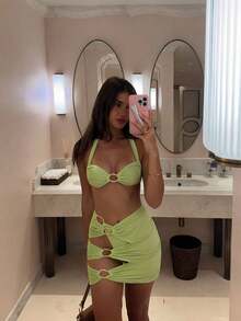 Elegantes grünes gestreiftes Muster sexy Neckholder lässig Bikini Set für Frauen, geeignet für Frühling, Sommer, Herbst Strandurlaub - Grün - Übersicht 2