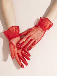 1 Pair Women's Sheer Mesh Rhinestone Decorated Cuff Ruffle Lace Gloves, Elegant Glamorous Style For Party, Evening Banquet, Performance, Solid Color Polka Dot - Multicolor - View 14