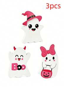 3pcs Cute Halloween Ghost PVC Desktop Decor, Pink Kawaii Ghost Ornament With Witch Hat, Pumpkin Bucket And Bow, Halloween Desktop Decoration, Spooky Holiday Home Decor, Shelf Display, Tiered Tray Decoration, Indoor Party Decor, Cute Halloween Gift Room Decor Halloween Decor - A - View 9