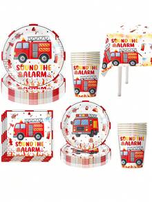 50Pcs Fire Truck Birthday Party Tableware Set With Happy Birthday Banner - Disposable 7/9" Plates & 9oz Cups For Kids'Party Decor - Multicolor - View 5