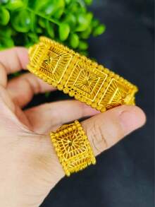 1 Pulseira 1 Anel Conjunto de Joias Xadrez Banhado a Ouro de Cobre 2 Peças Arábia Saudita Noiva Africana Casamento Banquete Joias Nupciais Presente de Feriado Decoração de Mão Embalagem em Caixa de Presente - Ouro amarelo - Visão 3