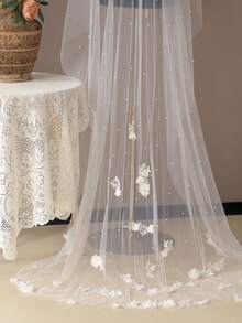 1pc 3D Lace Flower Faux Pearl Long Floor-Length Bridal Veil, White Soft Tulle, Wedding Chapel Bridal Accessory - Milky - View 5
