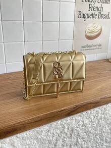 女款時尚格紋絎縫金屬殼翻蓋包，多用途單肩斜挎包，附金屬流蘇與金屬S字母裝飾，手提通勤小方包 - 金色 - 查看 8