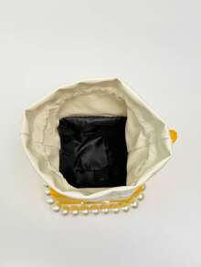1 pieza Mini bolso bandolera de moda con cordón, de PU de unicolor con relieve a rayas y decoración de cadena de perlas, portátil, adecuado para el uso diario de las mujeres - Amarillo - Ver 8