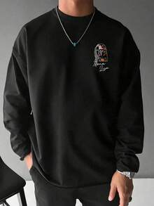 Patchwork Graffiti Mona Lisa Loose Long Sleeve T-Shirt Men Spring Autumn Black Art Painting Casual Base Layer - Black - View 3