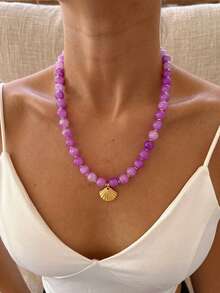 Bohemian 1pc Vintage French Elegant Fashion Hip-Hop Boho Vacation Style Bling Bling Colorful Beaded Purple Shell Conch Pendant Tassel Long Necklace Set Personalized Exaggerated Unique Y2K Multi-Piece Layered Y-Shaped Chain Collarbone Chain Sweater Chain Suitable For Women Summer Beach Vacation Party Evening Dinner Music Festival Date Gift Daily Wear All Season Versatile Jewelry - Purple - View 7