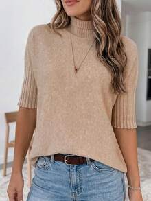 Acelitt Women's Casual Beige Solid Color High Neck Ribbed Cuff Mid-Sleeve Knit Sweater, Suitable For Spring And Autumn Summer - Beige - View 3