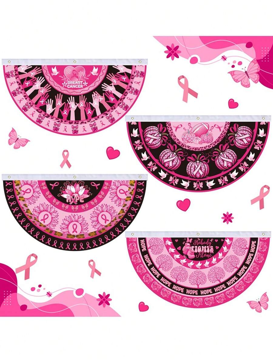 1pc 2D Flat Polyester Breast Cancer Awareness Fan-Shaped Flag, Pink ...