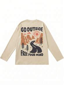 Vintage Outdoor Camping Style Mountain Road Graphic Print Long Sleeve T-Shirt, Men's American Casual Loose Fit Versatile Inner Layer Outerwear Top - Apricot - View 3