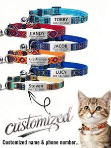 Customizable Bohemian Style Cat Collar - Soft Printed Pet Collar With Engraved ID Tag, Adjustable Outdoor Pet Accessory, Personalized Pet Decoration For Kittens And Adult Cats - Multicolor - View 11
