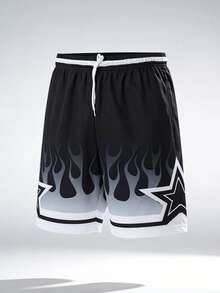 Men's Summer Sports Basketball Shorts, Drawstring Elastic Mesh Quick-Dry Knee-Length Shorts Black - Black - View 2