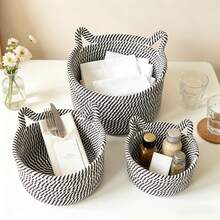 1pc/3pcs Handmade Woven Cat Design Rope Storage Basket, Cat Ear Decor Woven Desktop Storage Basket, Suitable For Living Room, Bedroom, Desktop, Bedside, Bathroom, Dorm, Home Atmosphere Decor, Modern Bohemian Rope Hanging Basket, Natural Mixed Rattan Decor, Perfect For Back To School Season - Black and White - View 12