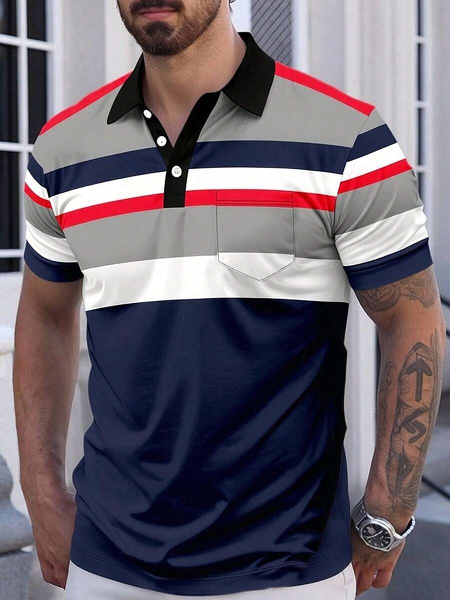 Kemeja Polo Pria Serbaguna untuk Perjalanan Musim Panas, Warna Biru Tua, Merah, Abu-abu, Blok Warna, Garis-garis, dan Saku - MultiWarna - View 1