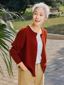 女款舒適紅色鈕扣開襟針織外套，優雅圓領羊毛毛衣，適合萬聖節、感恩節、聖誕節假期穿搭 - 紅色 - 查看 2