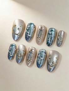 10pcs Medium-Long Almond-Shaped Summer Skin-Brightening Emerald Gemstone Wearable Nail Stickers, Jade Celadon Gradient French Style Fake Nail Tips, Instantly Enhance Your Appearance, Highlight Personal Simple Elegance, Elegant Minimalist, Y2K Princess Minimalist Sexy Style, Suitable For Women And Girls Daily Use, Also A Delicate Gift For Women And Girls, Press-On Nail Supplies - Multicolor - View 2