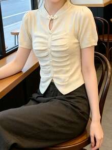 女款素色鏤空休閒針織上衣 夏季 - 杏色 - 查看 6