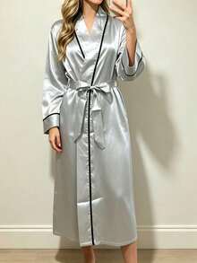 1pc Elegant French Style Women's Long Nightgown, Fashionable Minimalist Robe With Belt, Sexy Open Front Bathrobe - Light Grey - View 3