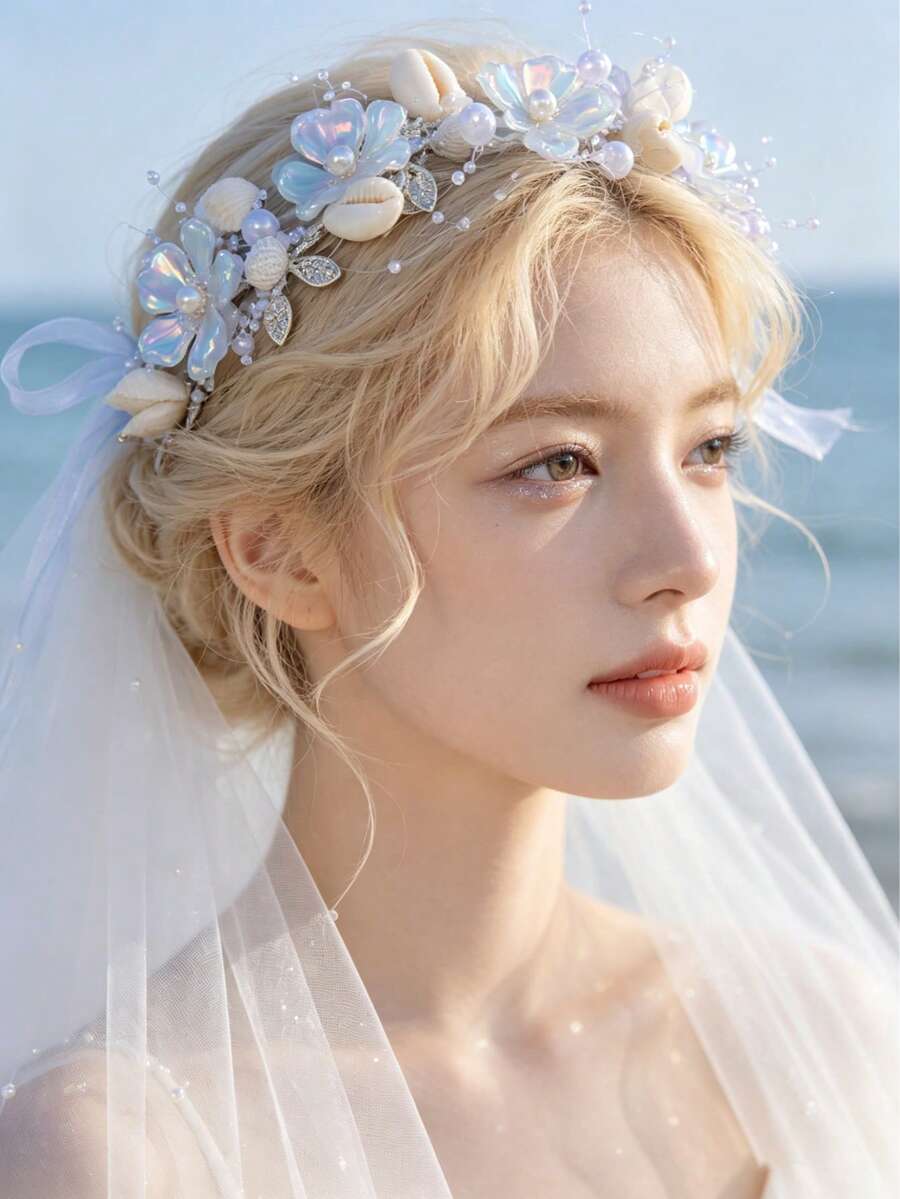 1pc Vintage Elegant Dreamy Purple Pearl Flower Headband, Bridal Wedding Accessory - Multicolor - View 1