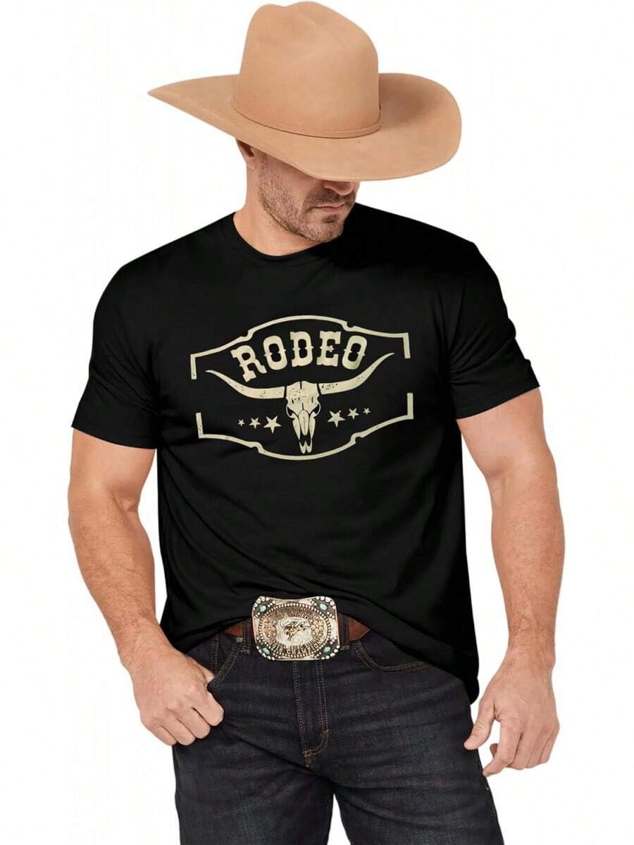 Western Cowboy Rodeo Shirts: camisetas clásico con diseño de calavera de vaca para hombre, camisetas bohemias de música de concierto campestre - Verde militar - Ver 1