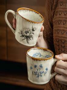 Vintage Farmhouse Floral Butterfly Ceramic Mug, 4 Styles Retro Botanical Print Handmade Wavy Edge Porcelain Coffee Cup, Brown Drip Glaze Rim Heat-Insulated Cup, Suitable For Home Kitchen Office, Women Birthday Holiday Gift - Multicolor - View 7
