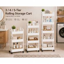 3/ 4/ 5-Tier Rolling Storage Cart With Black Wheels, Slim Mobile Utility Organizer Cart, Space Saving Storage Rack With Handle, Lockable 360° Casters For Bathroom, Kitchen, Laundry Room, Office, Living Room - White - View 8