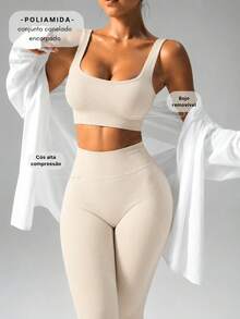 Fitness Set In Ribbed, Thick Polyamide - Top And Leggings - High Compression - Crema - Ver 1