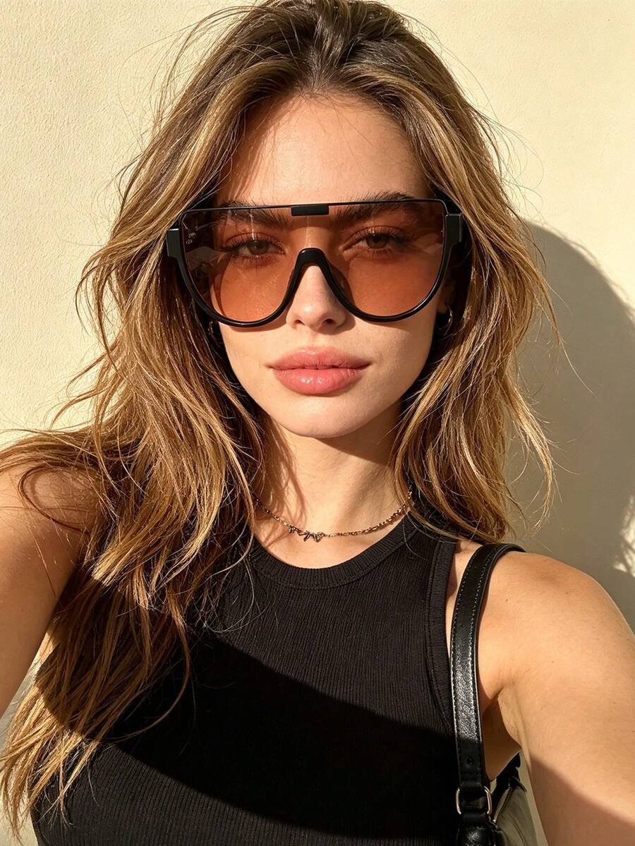 1pc Large Frame One-Piece Lens Fashion Glasses Half-Rim Tea Color Street Style Versatile Women's Eyewear - 亮黑茶片 - 查看 1