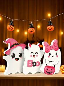 3pcs Cute Halloween Ghost PVC Desktop Decor, Pink Kawaii Ghost Ornament With Witch Hat, Pumpkin Bucket And Bow, Halloween Desktop Decoration, Spooky Holiday Home Decor, Shelf Display, Tiered Tray Decoration, Indoor Party Decor, Cute Halloween Gift Room Decor Halloween Decor - A - View 2
