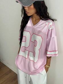 FIFA Loose V-Neck T-Shirt With Cute Y2K Summer Streetwear Graphic And Digital Pattern, Suitable For Men And Women - Pink - View 7
