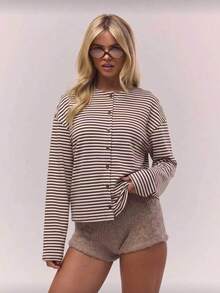 Women's Red Striped Cardigan, Round Neck, Long Sleeve, Front Button Closure, Elastic, Casual Daily Wear Top, Stylish, Comfortable, Versatile - Khaki - View 1
