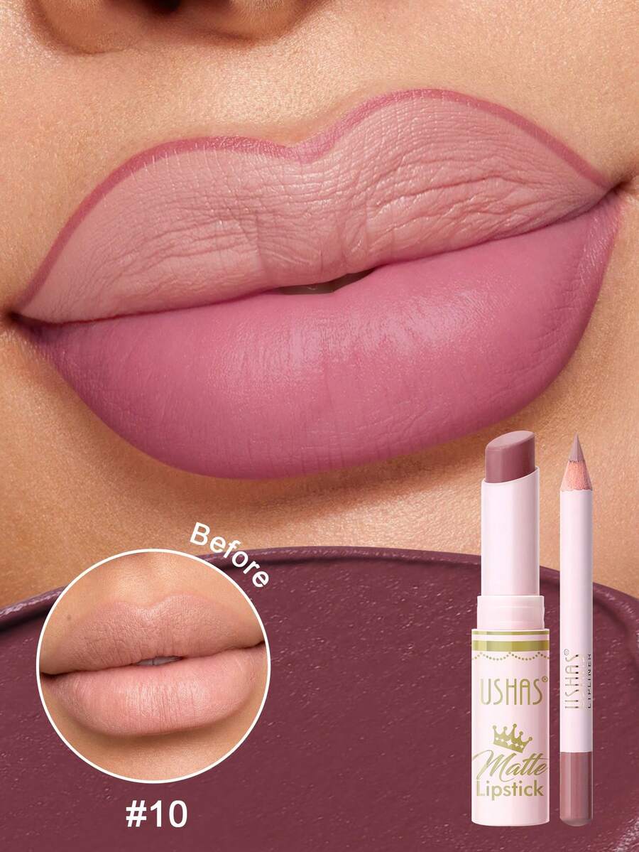 USHAS 2-In-1 Matte Lipstick & Lip Liner Kit, Waterproof & Long-Lasting, Velvet Finish Lipstick And Matching Lip Liner Combo, Non-Stick Cup, All-Day Wear, Nude & Bold Shades For Everyday & Party