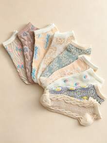 4/9 Pairs Cute Fruit Print Women's Socks, Fresh Macaron Color Cartoon Short Socks, Spring/Summer Daily Versatile Style, White Socks, Summer, Gift For Women - Multicolor - View 4