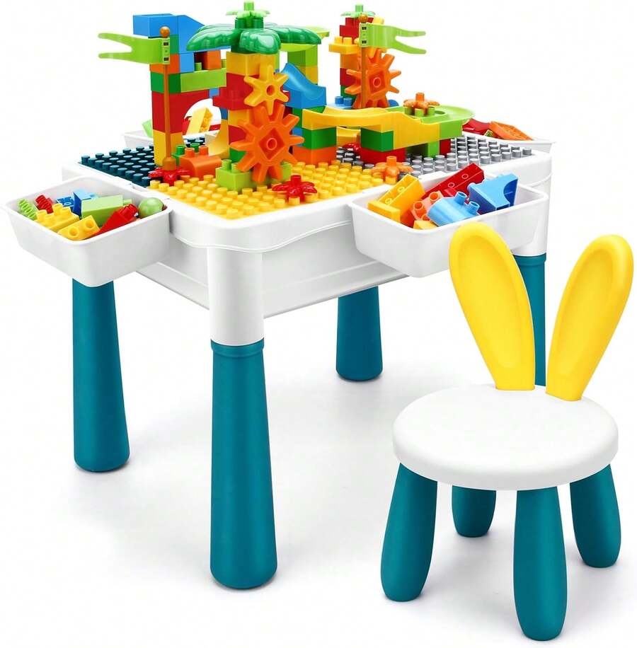 Mesa de Actividades para Niños, Juego de Mesa y Silla 6 en 1 - Altura Ajustable, Caja de Almacenamiento, 105 Piezas de Bloques de Construcción de Pista de Canicas, Mesa de Agua y, Juguete de Regalo para Niños Pequeños
