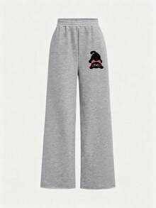 Sweet Relaxed Slouchy Youth Girl Creative Cat Print Sweatshirt, Casual Crew Neck Sweatshirt Paired With Loose Wide Leg Pants, Autumn/Winter Daily 2-Piece Set. - Hot Pink - View 5