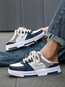 Men's Retro Rope Design Half-Toe Casual Skate Shoes, Blue & White Colorblock Leather Patchwork Daily Versatile Comfortable Sports Sneakers - White Orchid - View 10