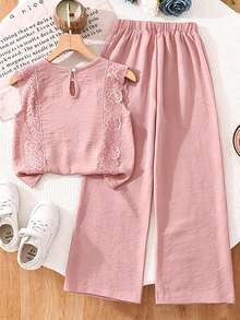 Left Mama Girls' Elegant Comfortable Sleeveless Lace Trim Top & Straight Leg Pants, Summer - Pink - View 3