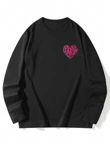 Autumn/Winter New Gen Z Y2K Style Women's Top, Fun Letter & Heart Print Crew Neck Long Sleeve T-Shirt - Black - View 6