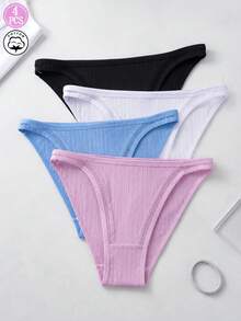 4件組女款羅紋棉內褲，低腰網側彈性比基尼內褲，柔軟透氣日常穿著基礎素色三角褲 - 彩色 - 查看 9