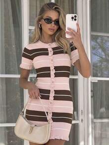 Gaun Rajut Tank Top Wanita Kasual Musim Panas Elegan Leher Bulat Lengan Pendek dengan Hiasan Ruffle dan Motif Garis-garis Patchwork Warna Pink - Berwarna merah muda - View 4