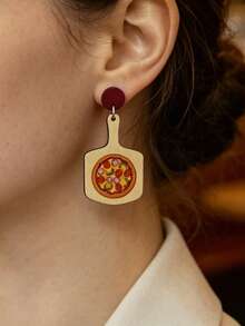 1 Pair Cute Printed Pizza Baking Tray Wooden Slice Earrings, Creative Food Themed Fun Ear Jewelry - Multicolor - View 3