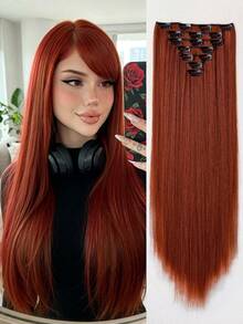 7pcs Clip-In Hair Extensions 24 Inch Straight Soft Natural Synthetic Hair Pieces For Women – Chestnut Red - Burnt Orange - View 1