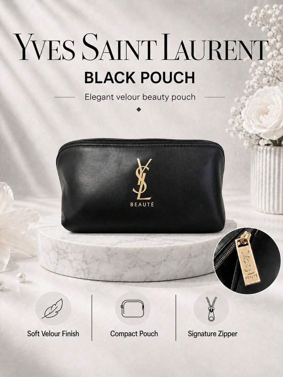 YSL Libre Black Makeup Bag 20*10cm, Glossy Leather With Gold Logo, Smooth Zipper, Large Capacity, Perfect For Travel And Makeup Storage, Ideal As A Gift.